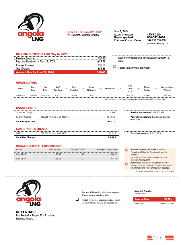Angola LNG proof of address business utility bill template in Word and PDF format